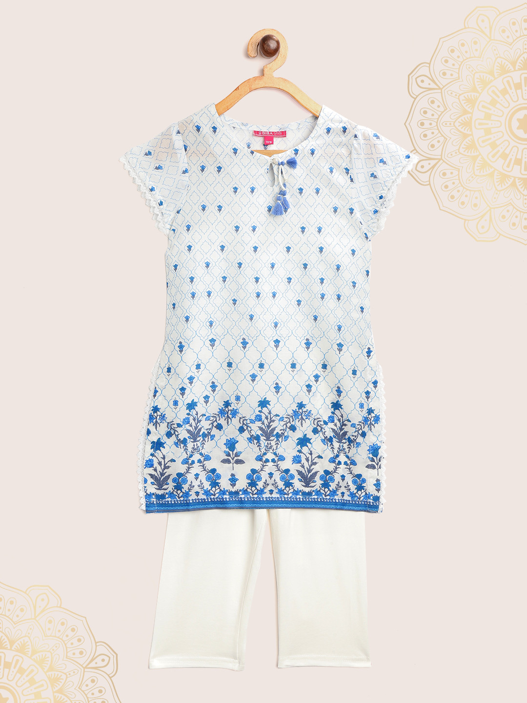 Biba Girls White & Blue Ethnic Motif Print Kurta with Pyjamas
