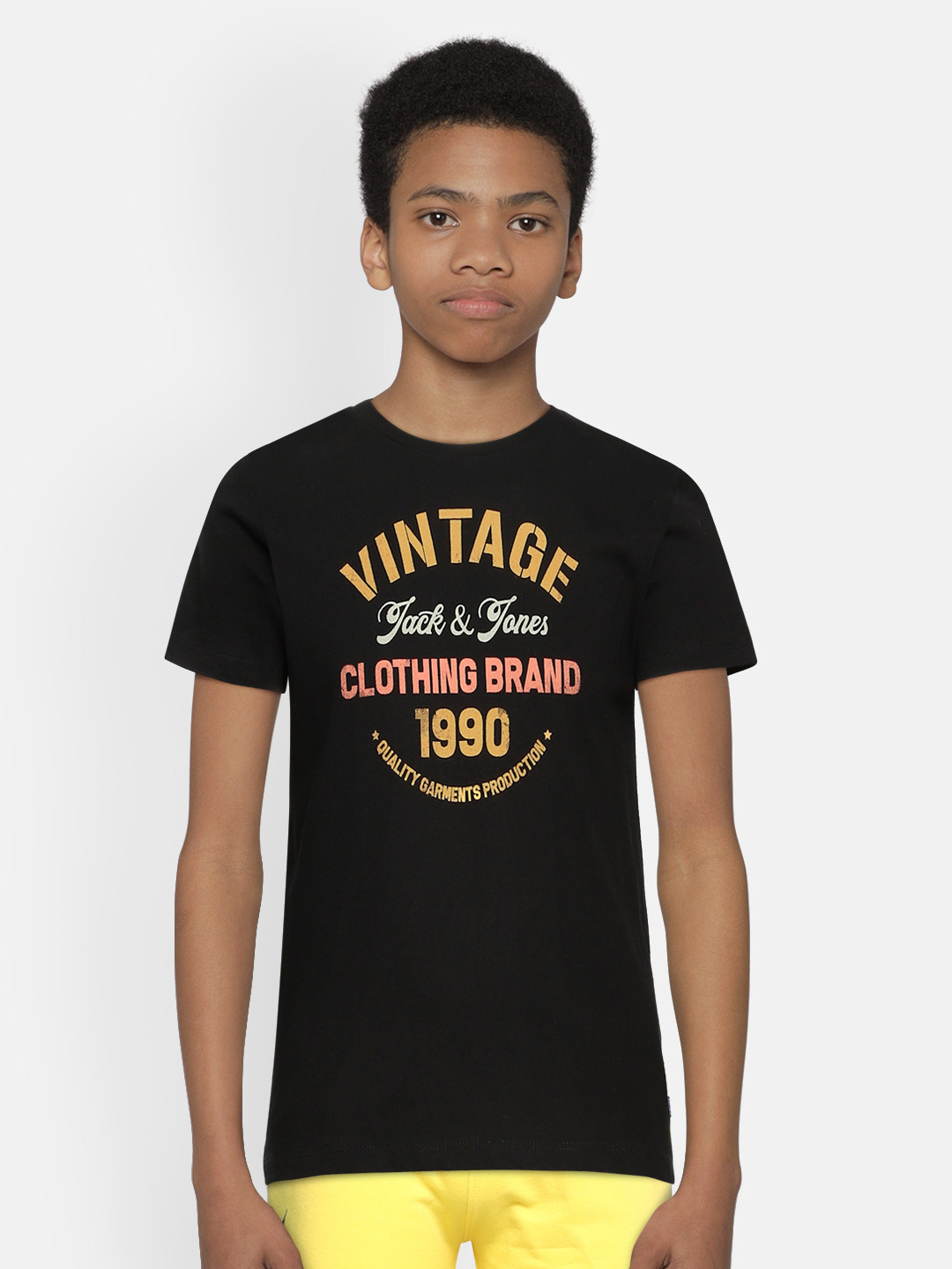 Jack  Jones Boys Black Printed Round Neck Pure Cotton T-shirt