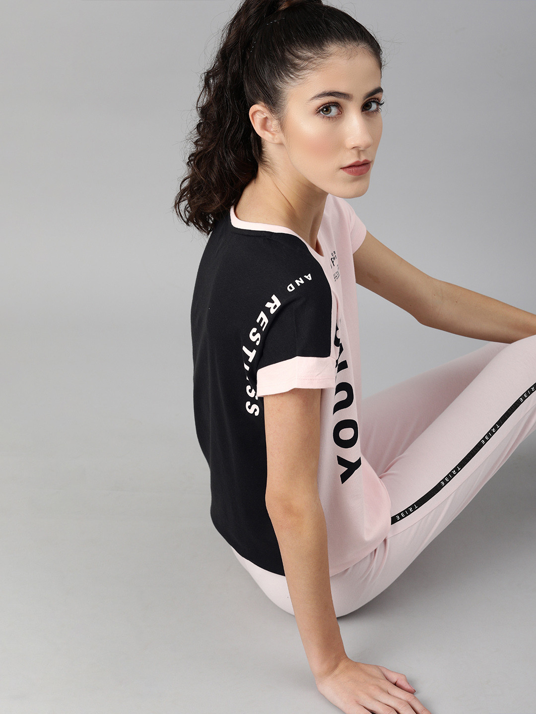 Allen Solly Tribe Women Pink  Black Printed Round Neck Pure Cotton T-shirt