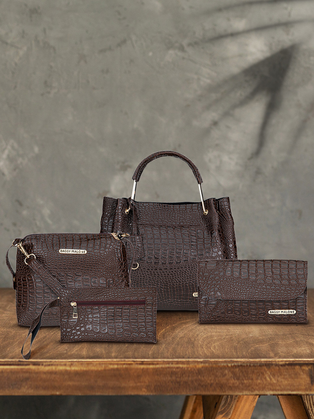 Bagsy Malone Brown Self Design Tote Bag Crocodile Print Combo Bag of 4