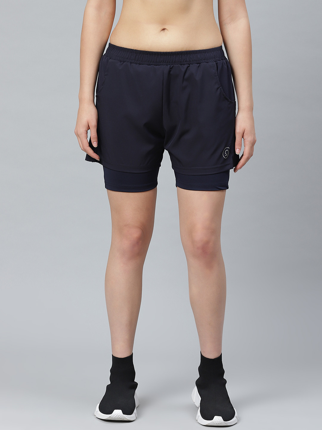CHKOKKO Women Navy Blue Solid Running Shorts