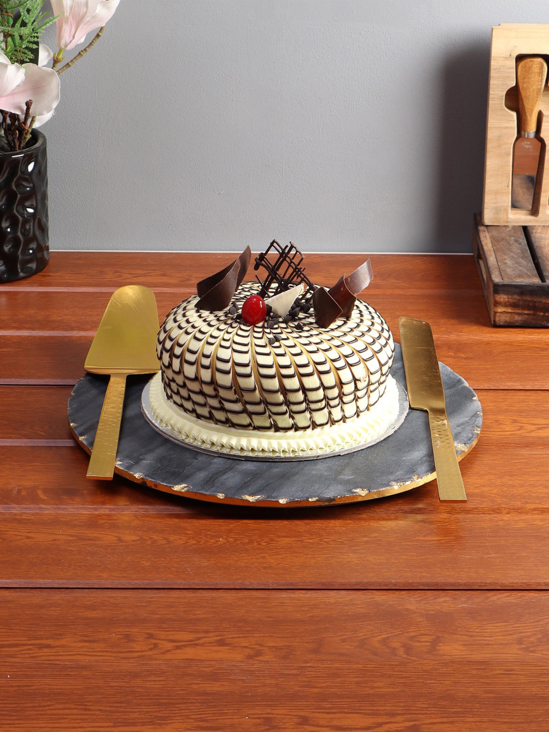 NikkisPride Set Of 3 Grey & Gold-Colored Marble Large Cake Platter With Metal Serving