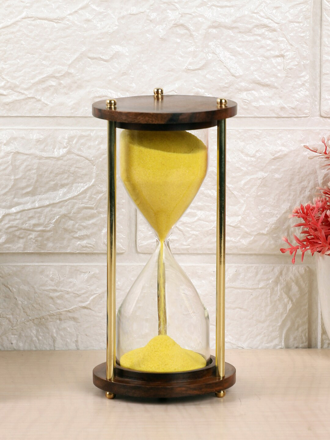 EXIM DECOR Sand Timer Yellow Brass Metallic Living Room Medium Showpiece - 5.5 Inches
