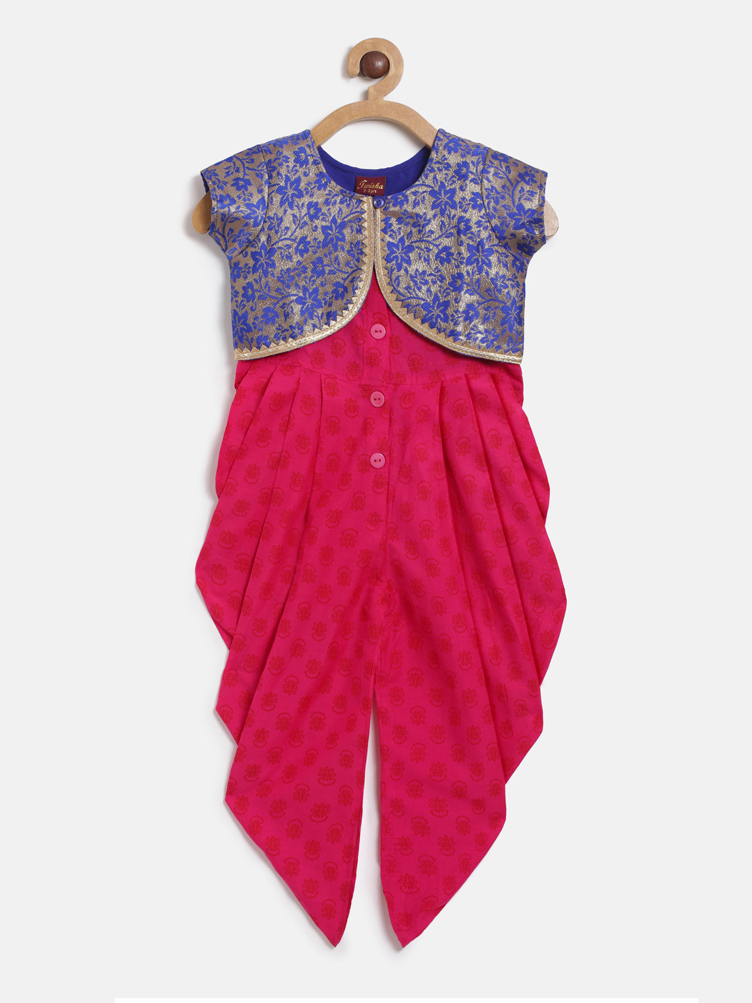 Twisha Girls Pink & Blue Printed Ethnic Jumpsuit with Jacket