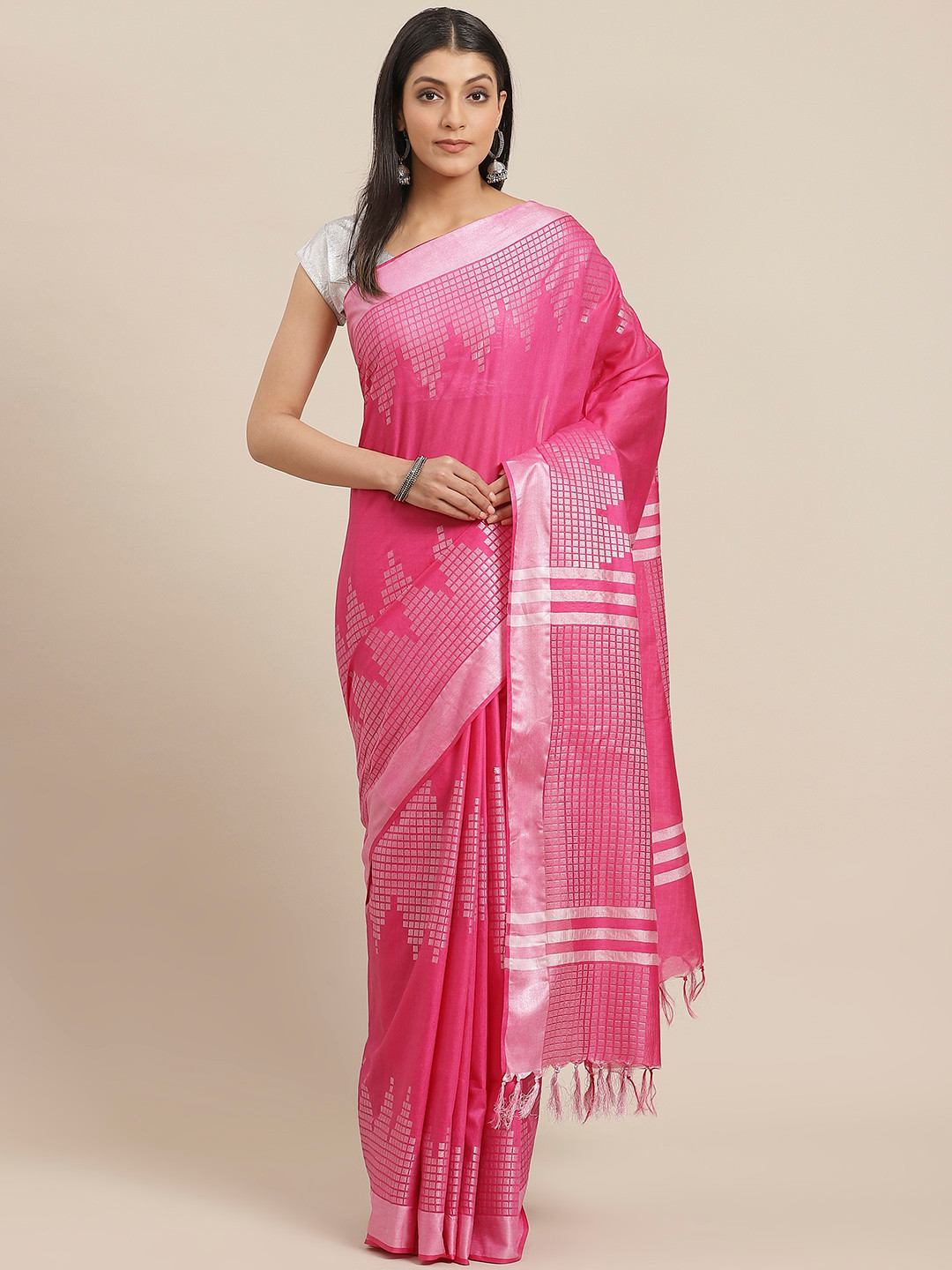 swatika Pink & Silver Woven Design Handloom Bhagalpuri Saree