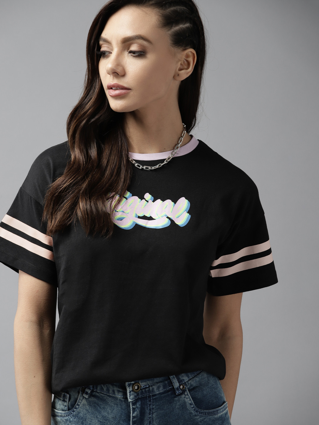 Roadster Women Black & Pink Typography Printed Pure Cotton T-shirt