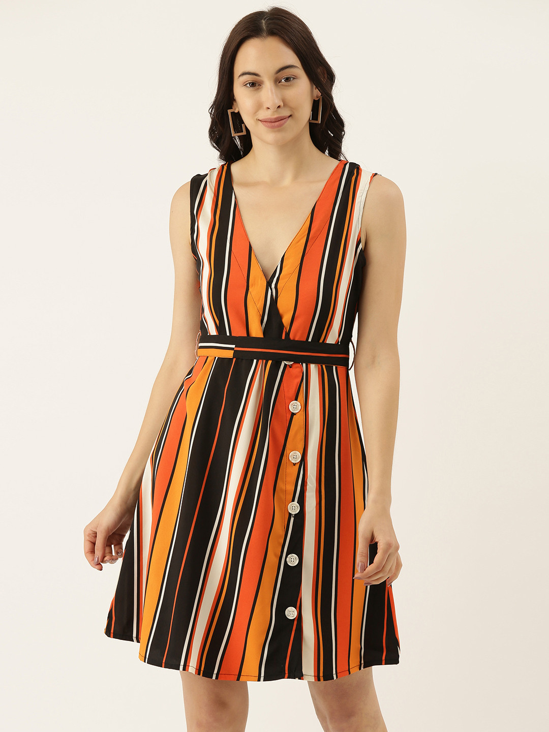 Campus Sutra Women Black & Mustard Yellow Striped Wrap Dress