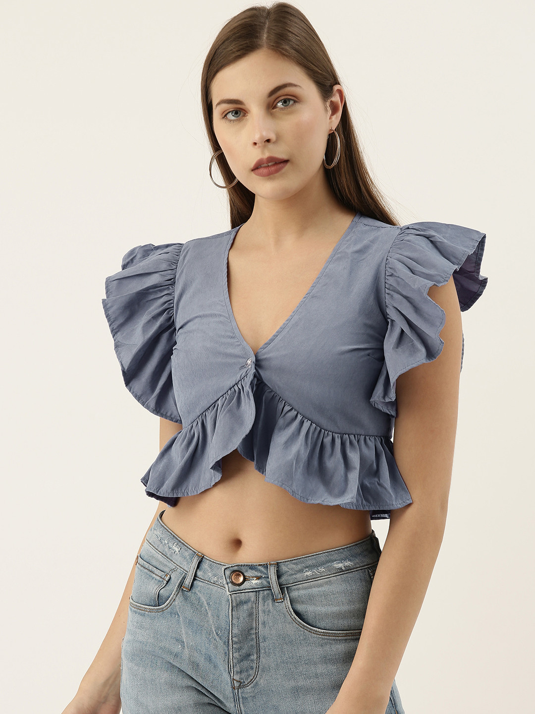 Campus Sutra Blue Solid Ruffled Crop Top with Flutter Sleeves