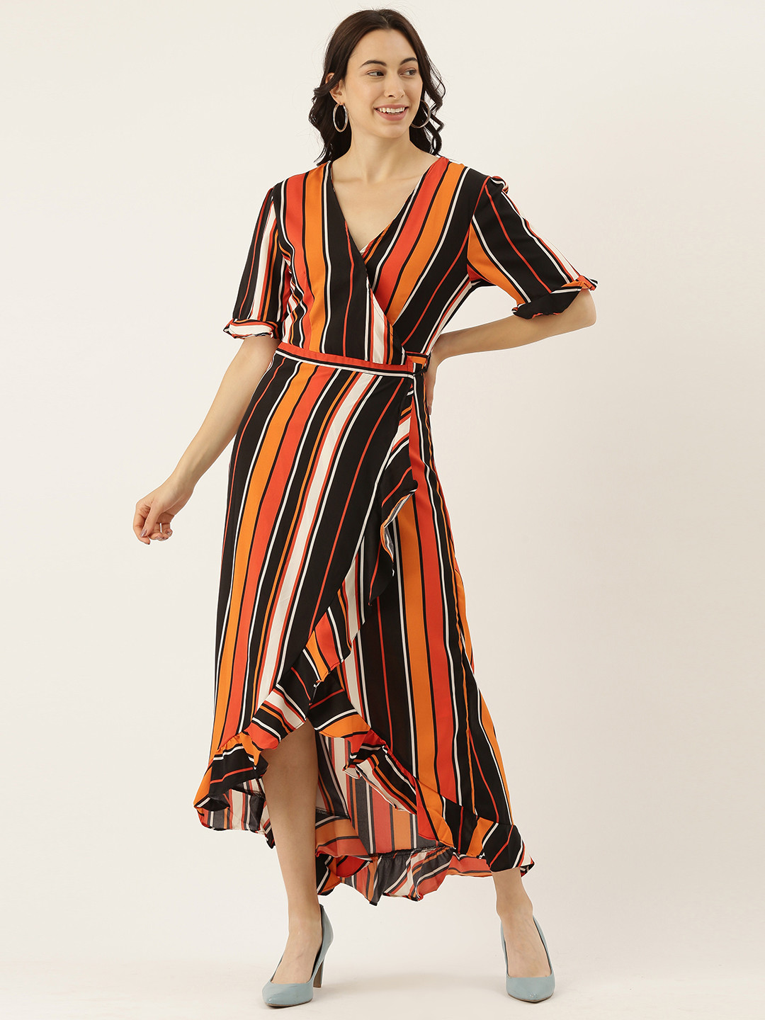 Campus Sutra Women Black & Mustard Yellow Striped Wrap Dress