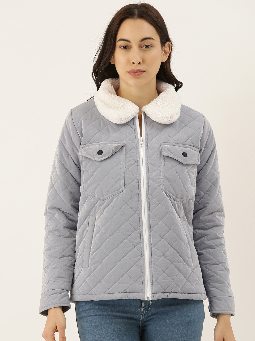 Campus Sutra Women Grey Solid Windcheater Biker Jacket