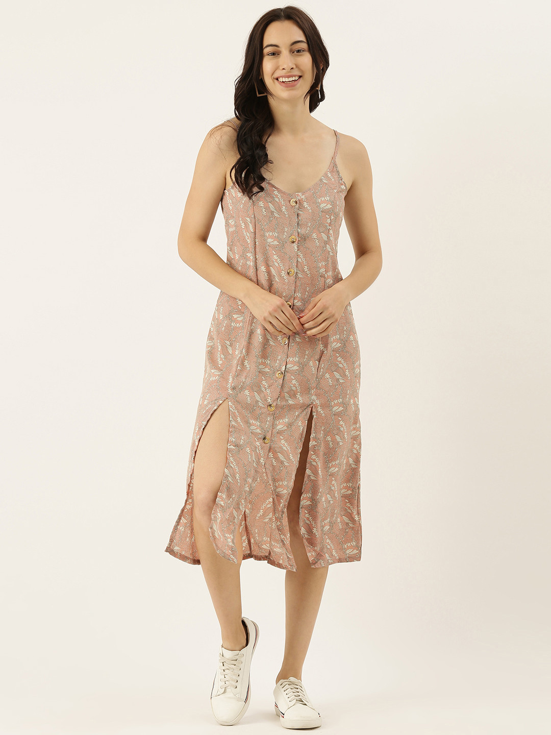Campus Sutra Women Peach-Coloured & Of-White Printed Sheath Dress