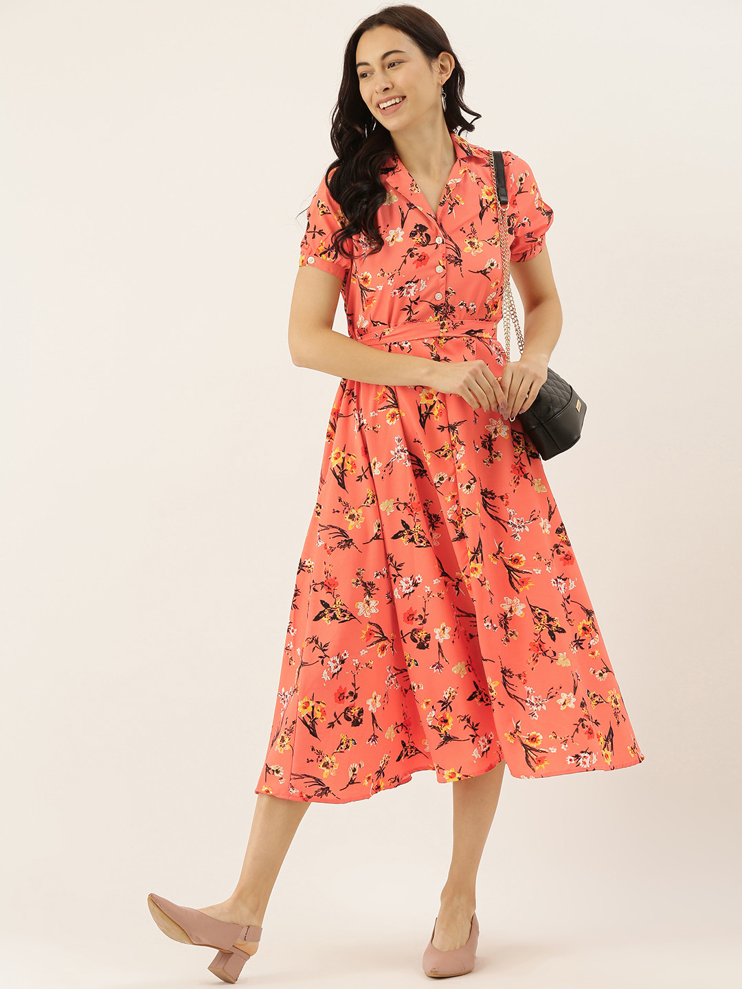 Campus Sutra Women Peach-Coloured & Brown Floral Printed Midi Shirt Dress With Belt