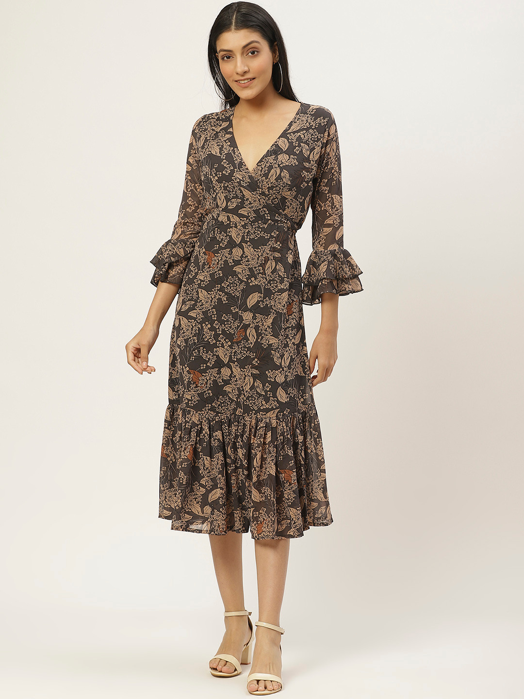 WISSTLER Women Charcoal Grey & Beige Floral Print Wrap Dress