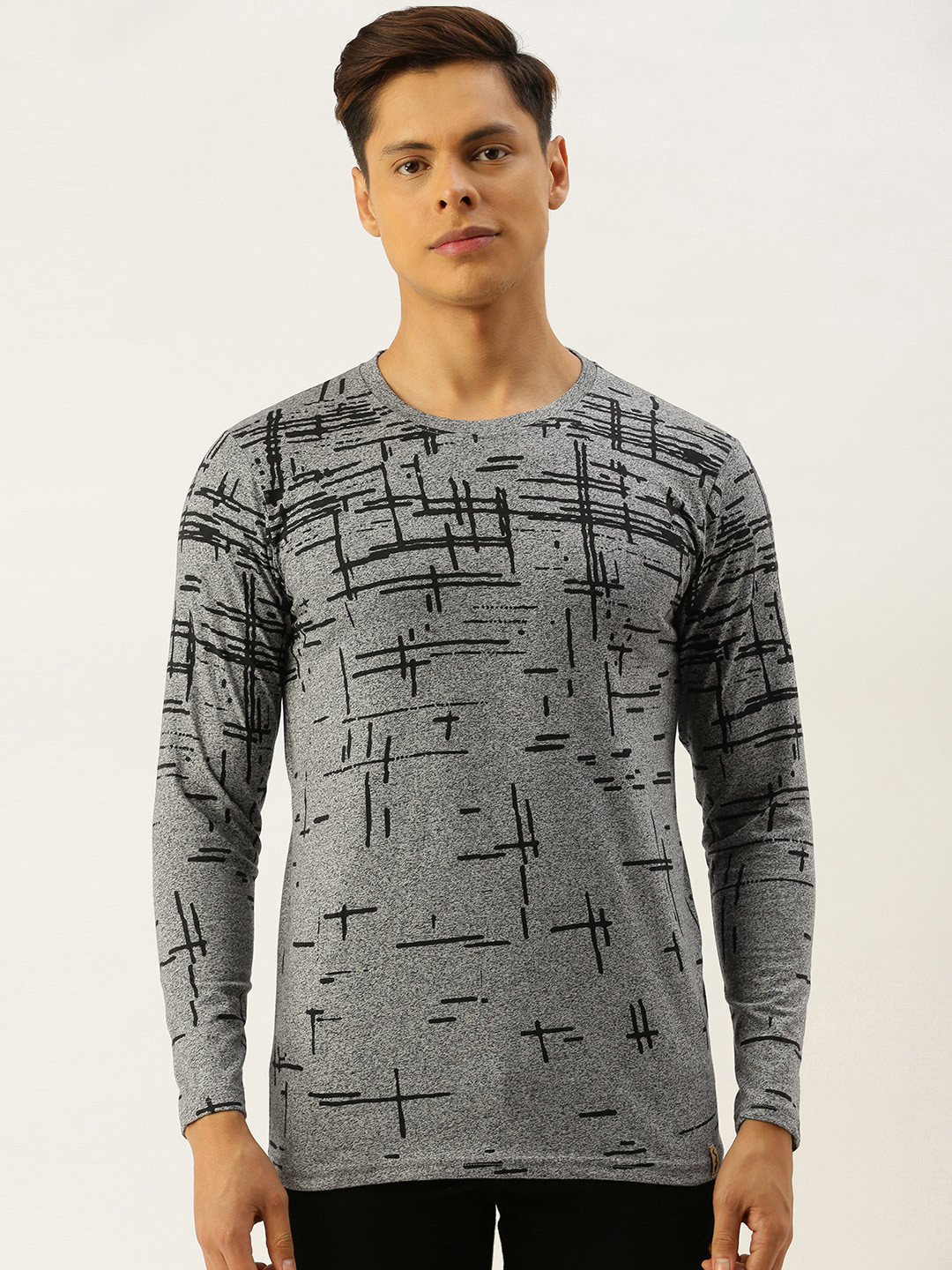 Campus Sutra Men Grey Melange  Black Geometric Print Pure Cotton Bio-Wash Pure Cotton T-shirt