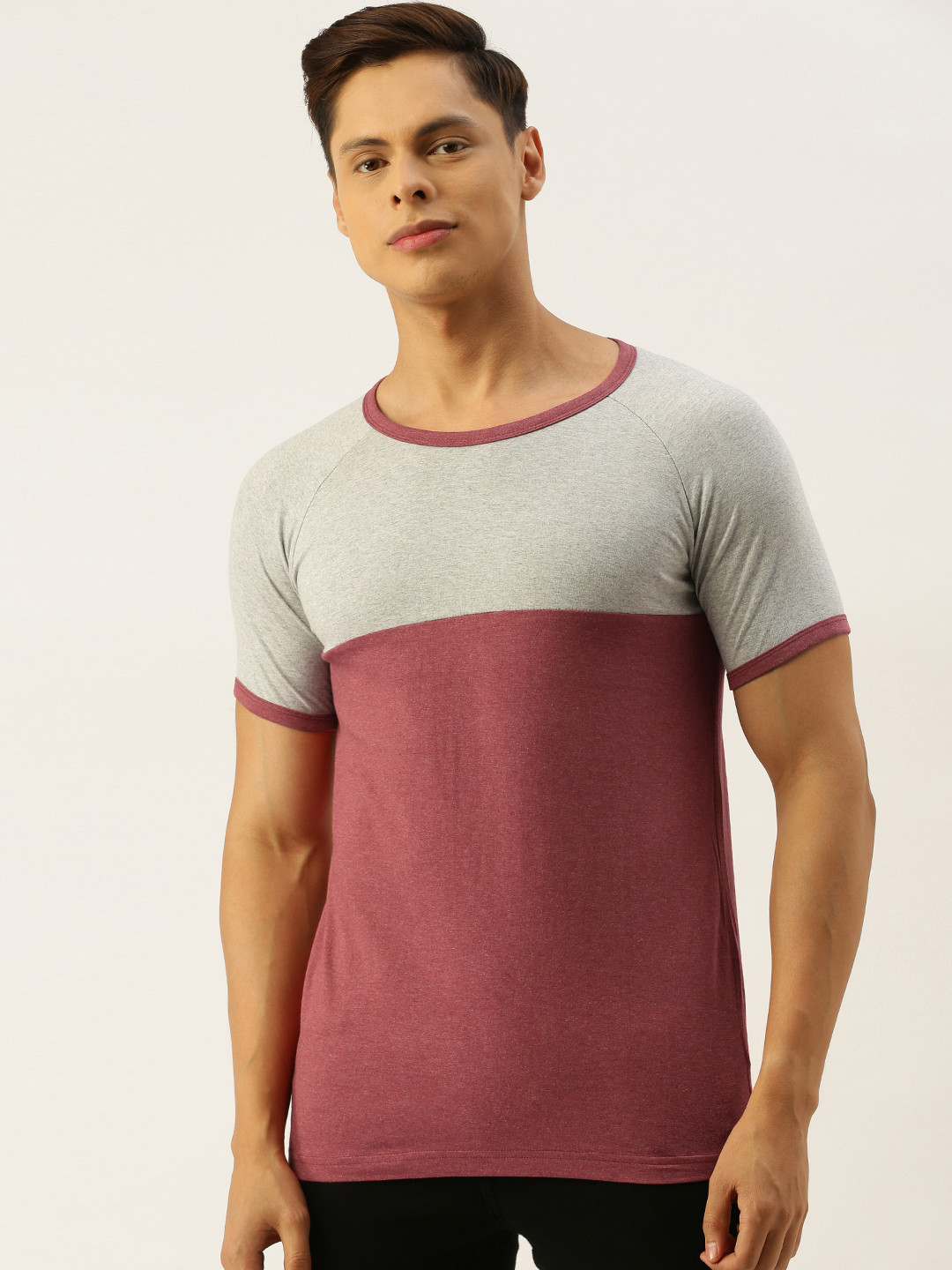 CAHOOT Men Grey Melange Maroon Colourblocked Pure Cotton Bio-Wash Pure Cotton T-shirt