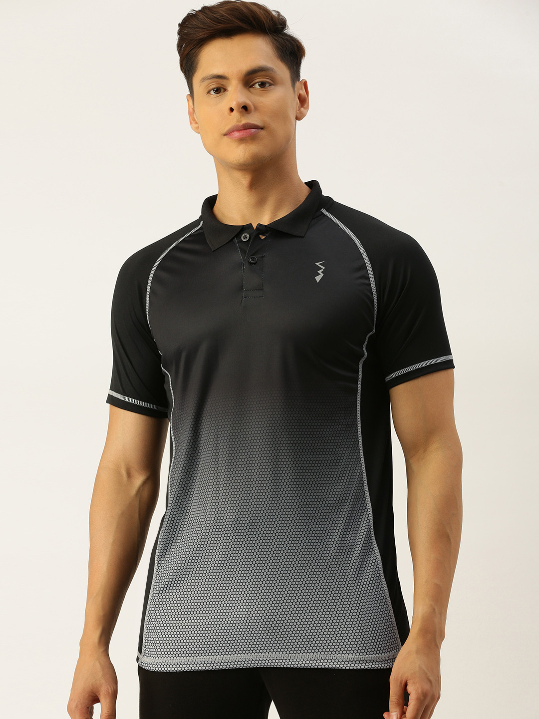 Campus Sutra Men Black & Off-White Ombre Effect Polo Collar Sports T-shirt