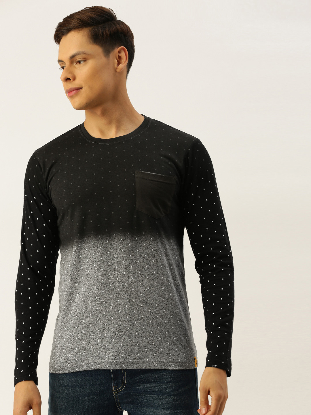 Campus Sutra Men Black  Grey Ombre Dyed Bio Wash Round Neck Pure Cotton T-shirt