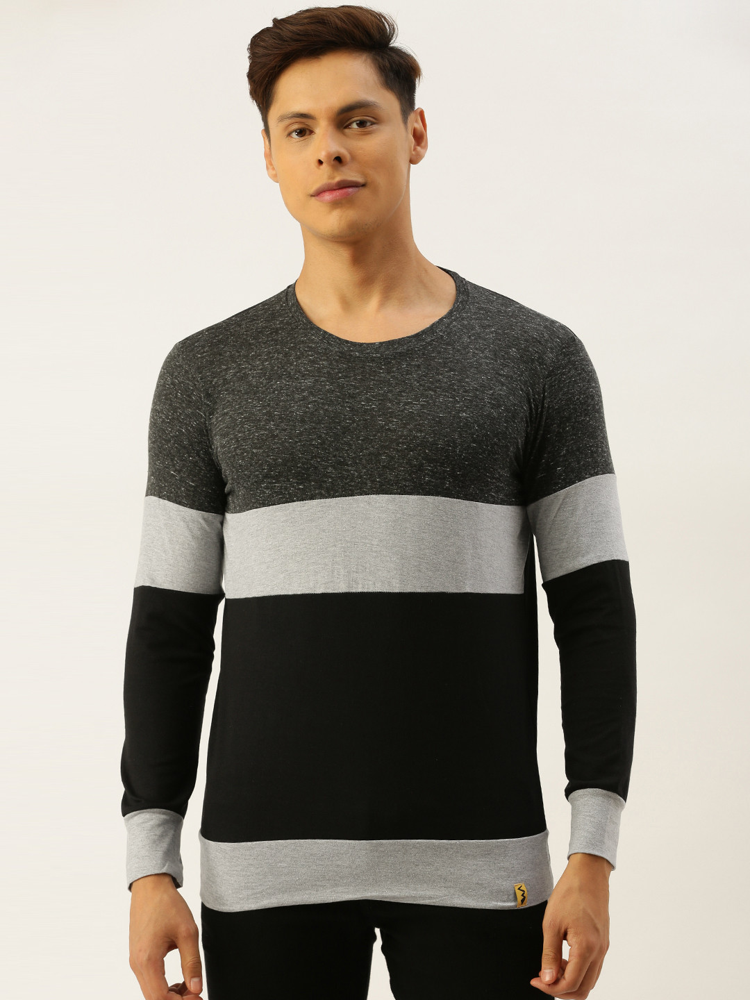 Campus Sutra Men Black  Grey Colourblocked Round Neck Pure Cotton Bio-Wash Pure Cotton T-shirt