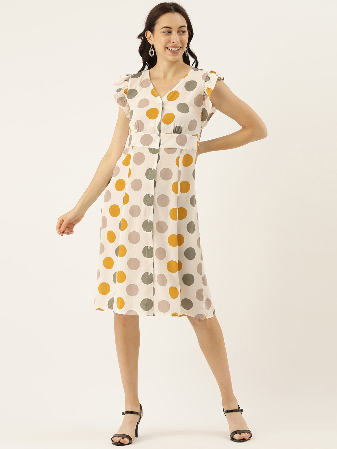 Campus Sutra Women Off-White & Mustard Yellow Polka Dots Printed A-Line Dress