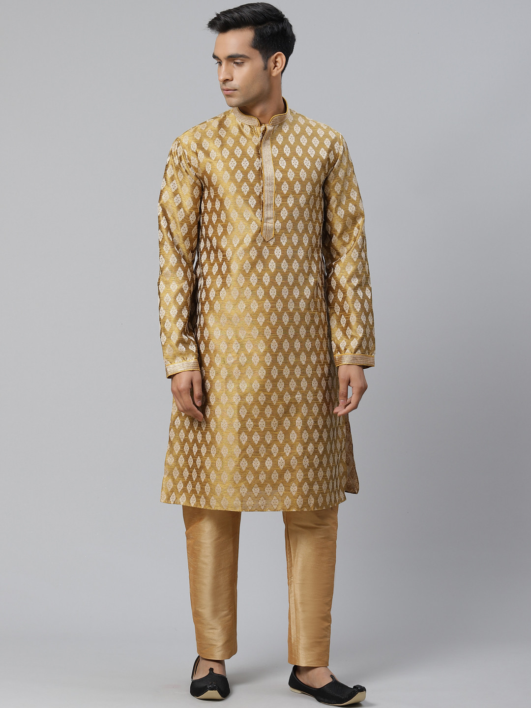Manthan Men Golden & Beige Woven Design Straight Kurta