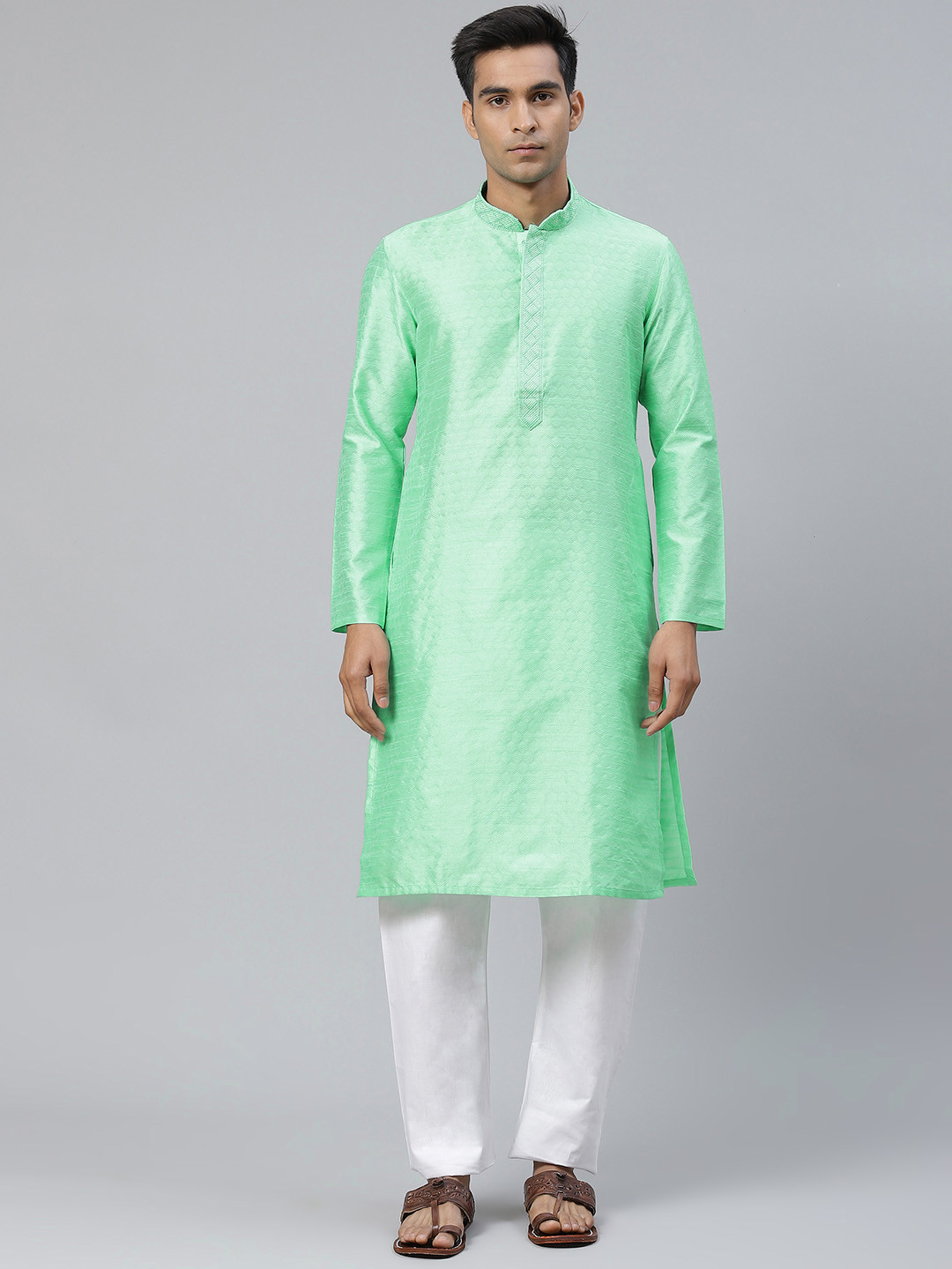 Manthan Men Green Woven Design Jacquard Straight Kurta