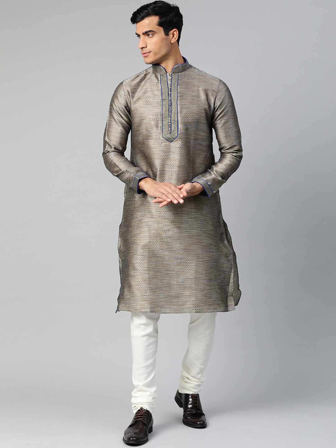 Manthan Men Golden & Blue Woven Design Straight Kurta