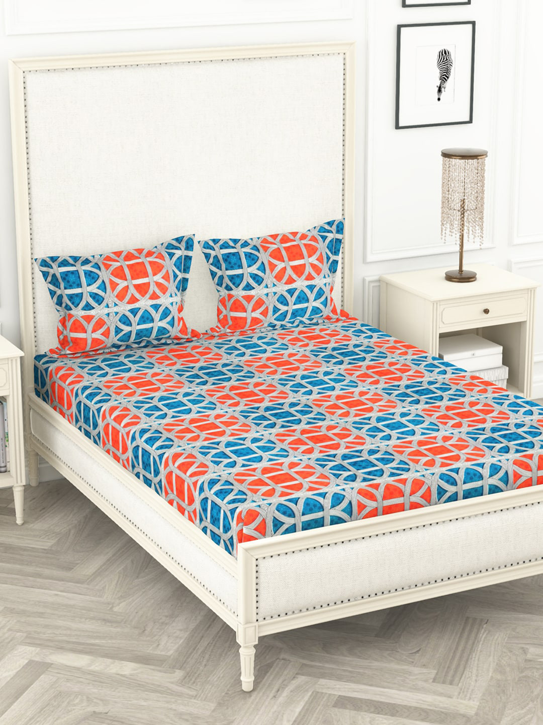 KOPA Red & Blue Abstract 210 TC Polyester 1 King Bedsheet with 2 Pillow Covers