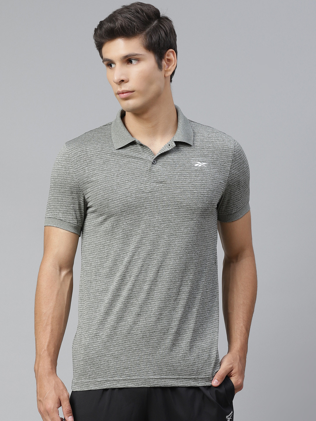Reebok Men Grey Melange Solild Training Essentials Polo T-Shirt