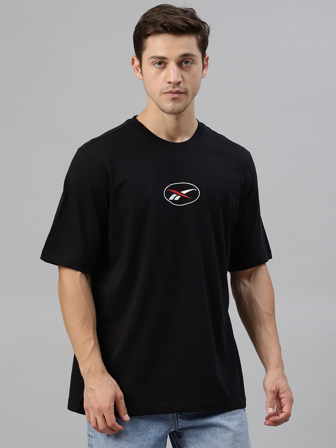 Reebok Classic Unisex Black Glitch Brand Logo Printed Back Round Neck T-shirt