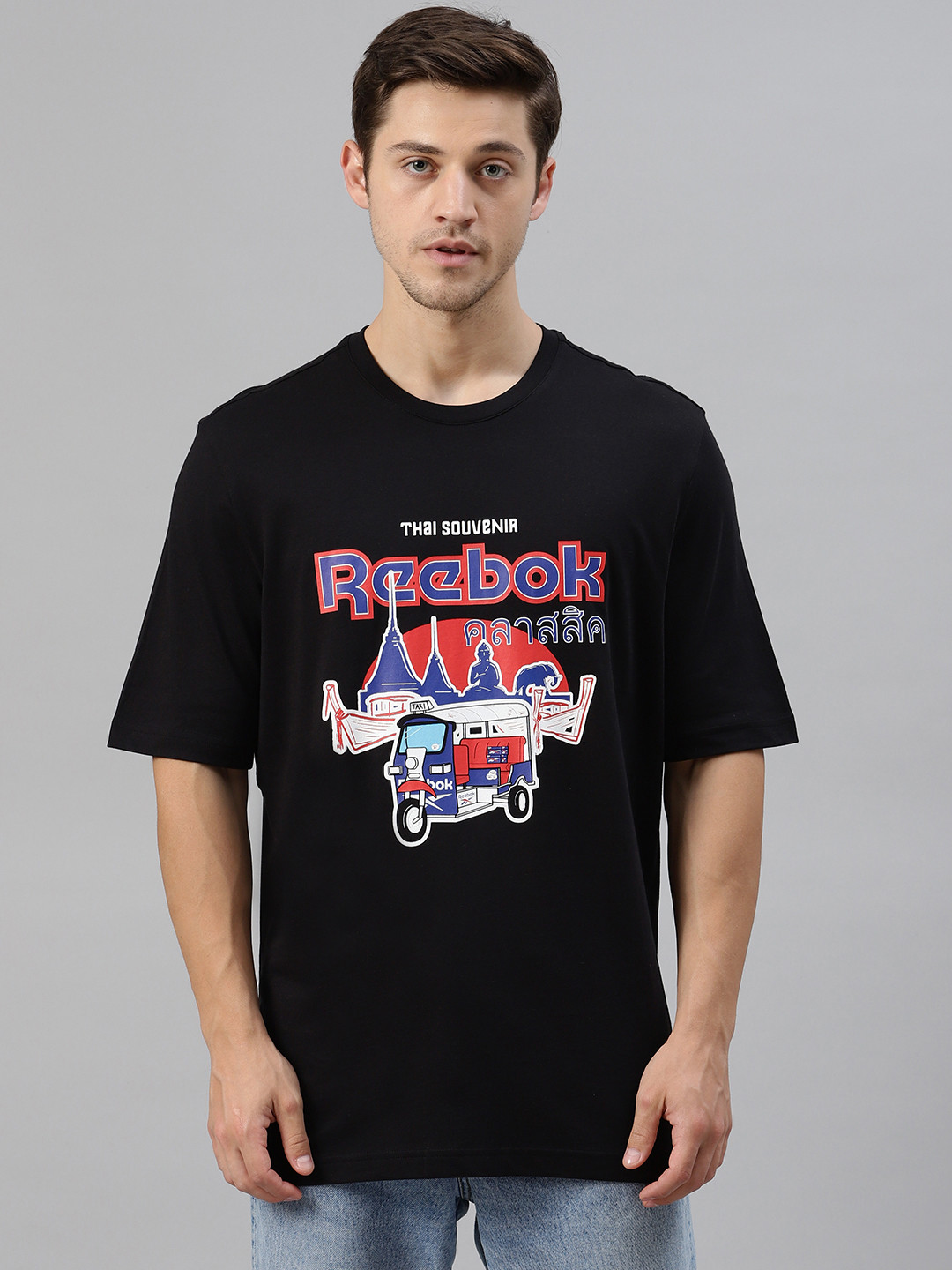 Reebok Classic Unisex Black & Blue GR Souvenir 1 Pure Cotton Printed Round Neck T-shirt