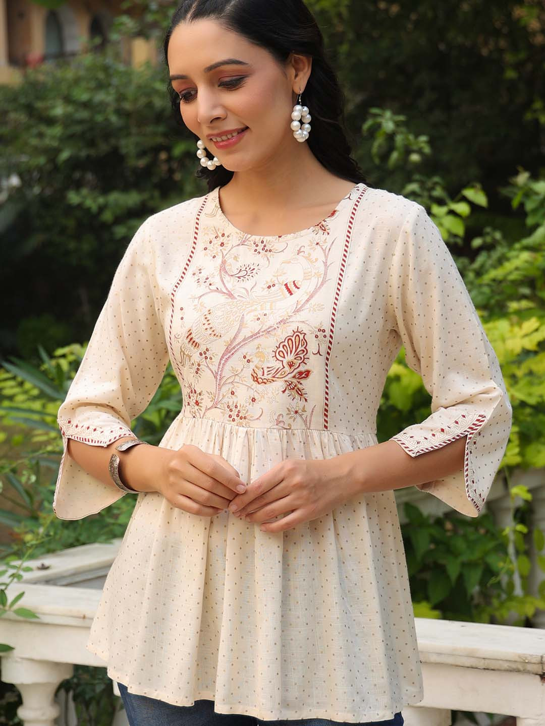 Juniper Women's Cream-Coloured & Golden Liva Polka Dots Print Tunic