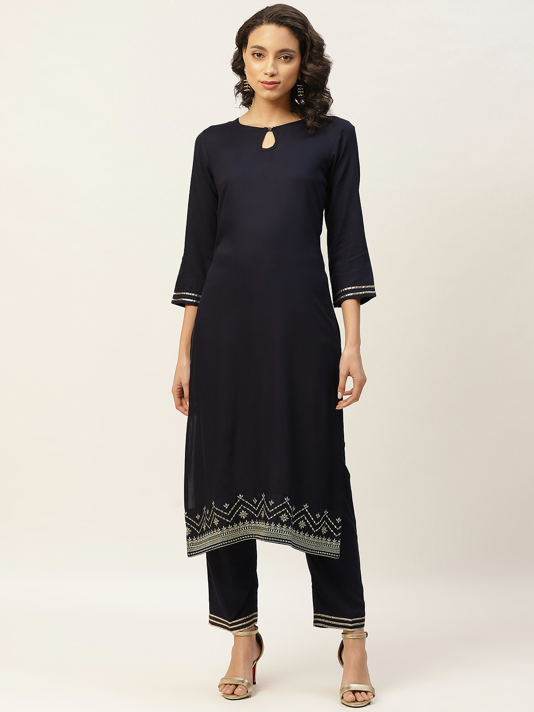 Shae by SASSAFRAS Women Navy Blue Solid Kurta with Trousers