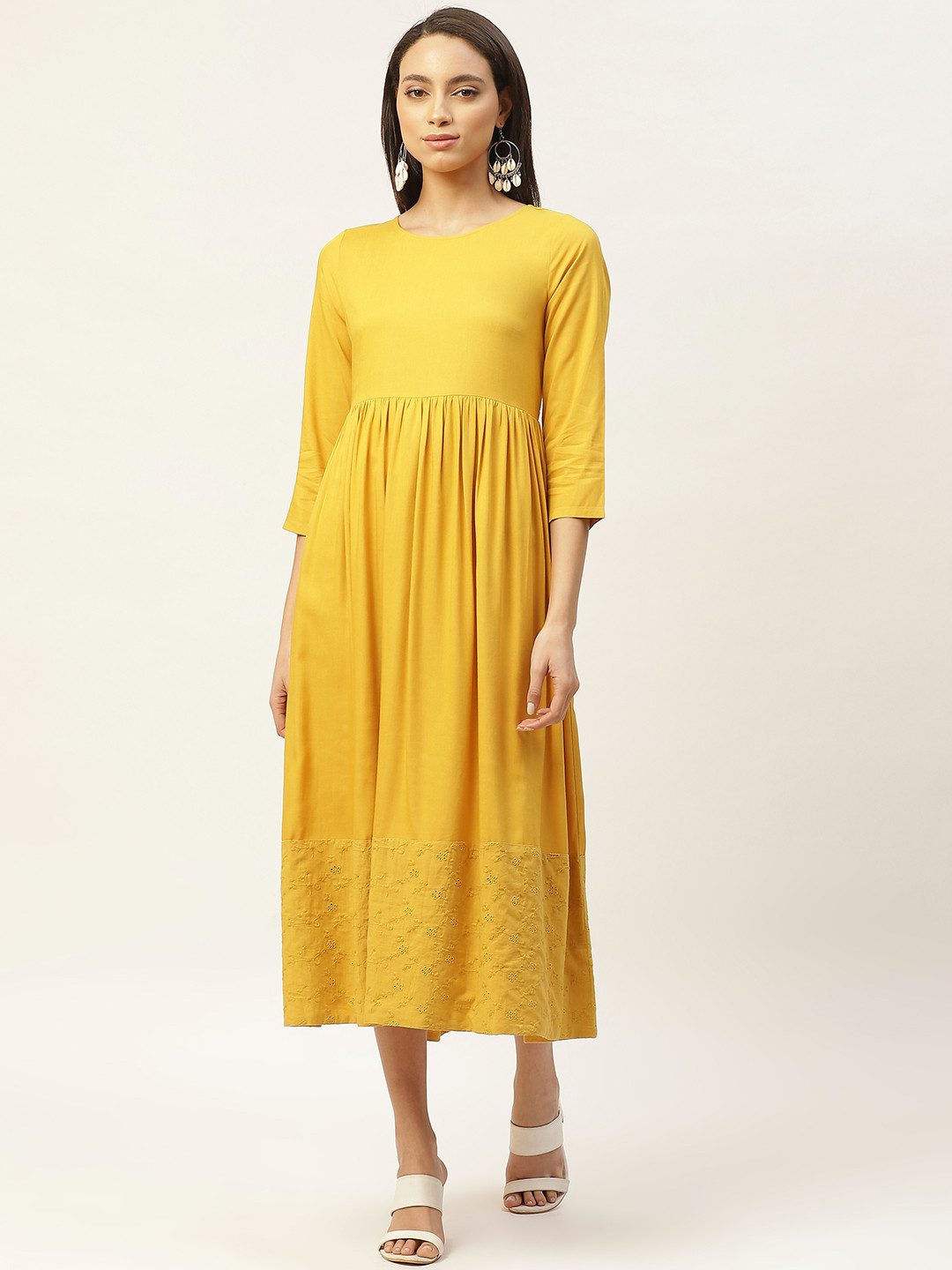 Shae by SASSAFRAS Women Mustard Yellow Solid A-Line Dress With Schiffli Detail