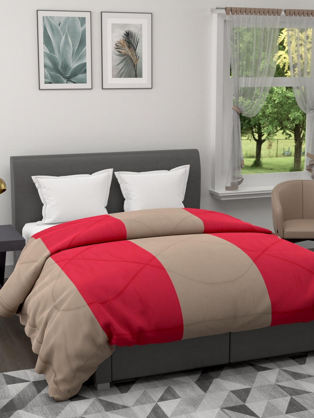 Clasiko Taupe & Red Striped AC Room 120 GSM Double Bed Quilt
