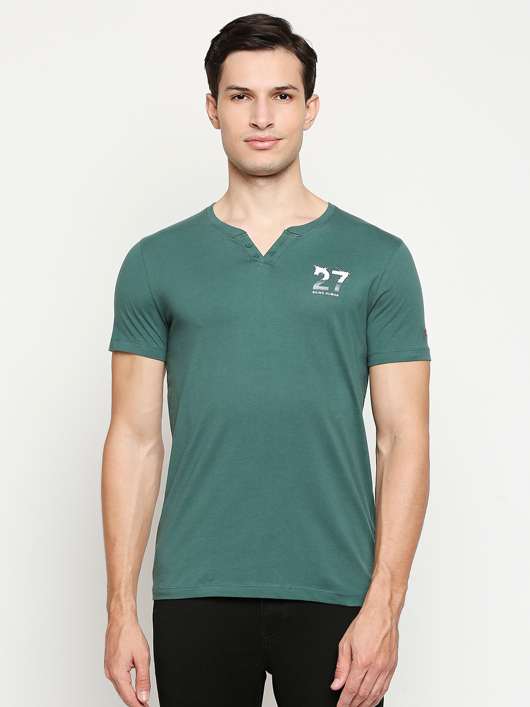 Being Human Men Teal Green Brand Logo Henley Neck Pure Cotton T-shirt