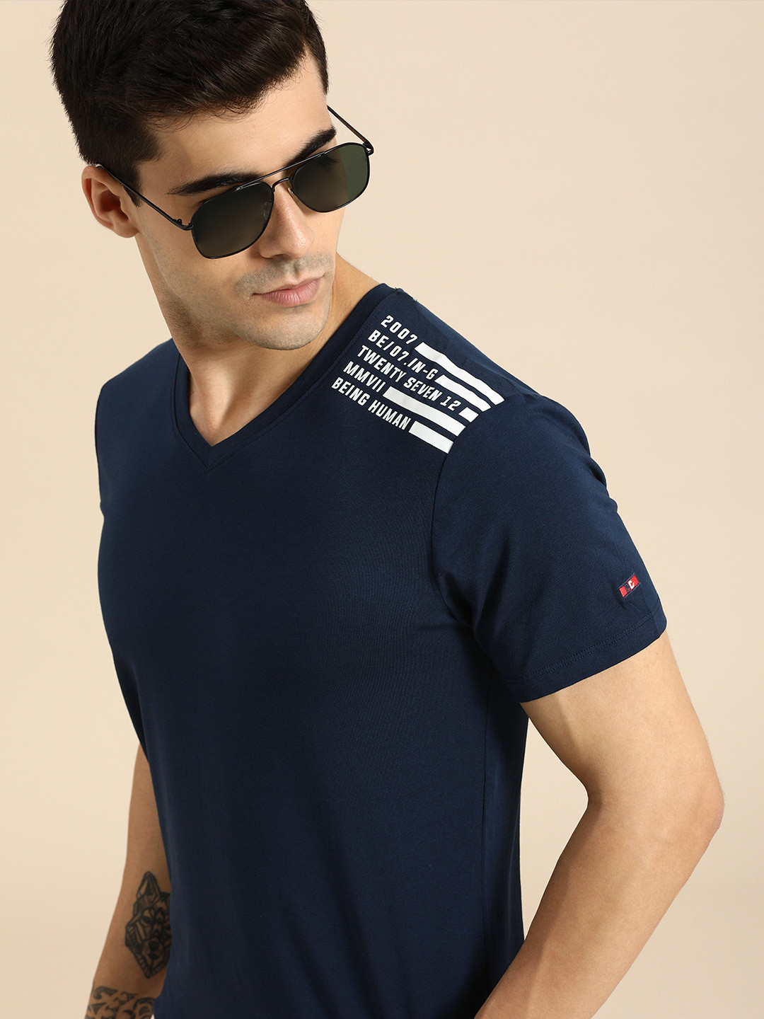 Being Human Men Navy Blue & White Brand Logo Printed T-shirt