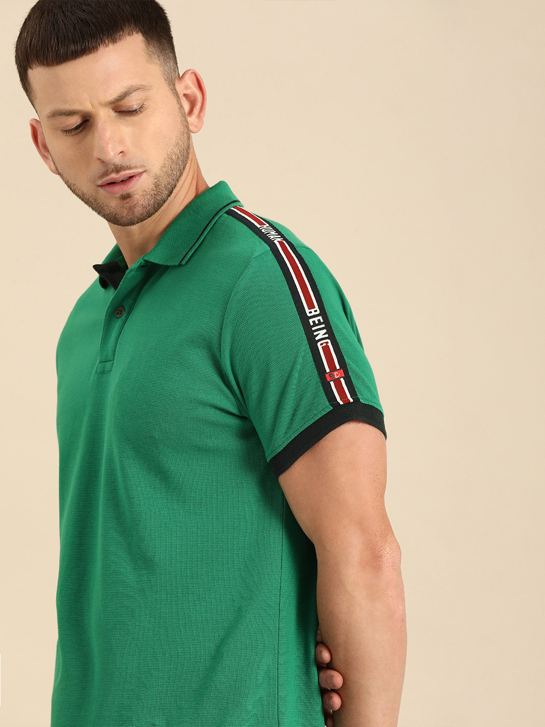 Being Human Clothing Men Green Solid Polo Collar Pure Cotton T-shirt with Taping