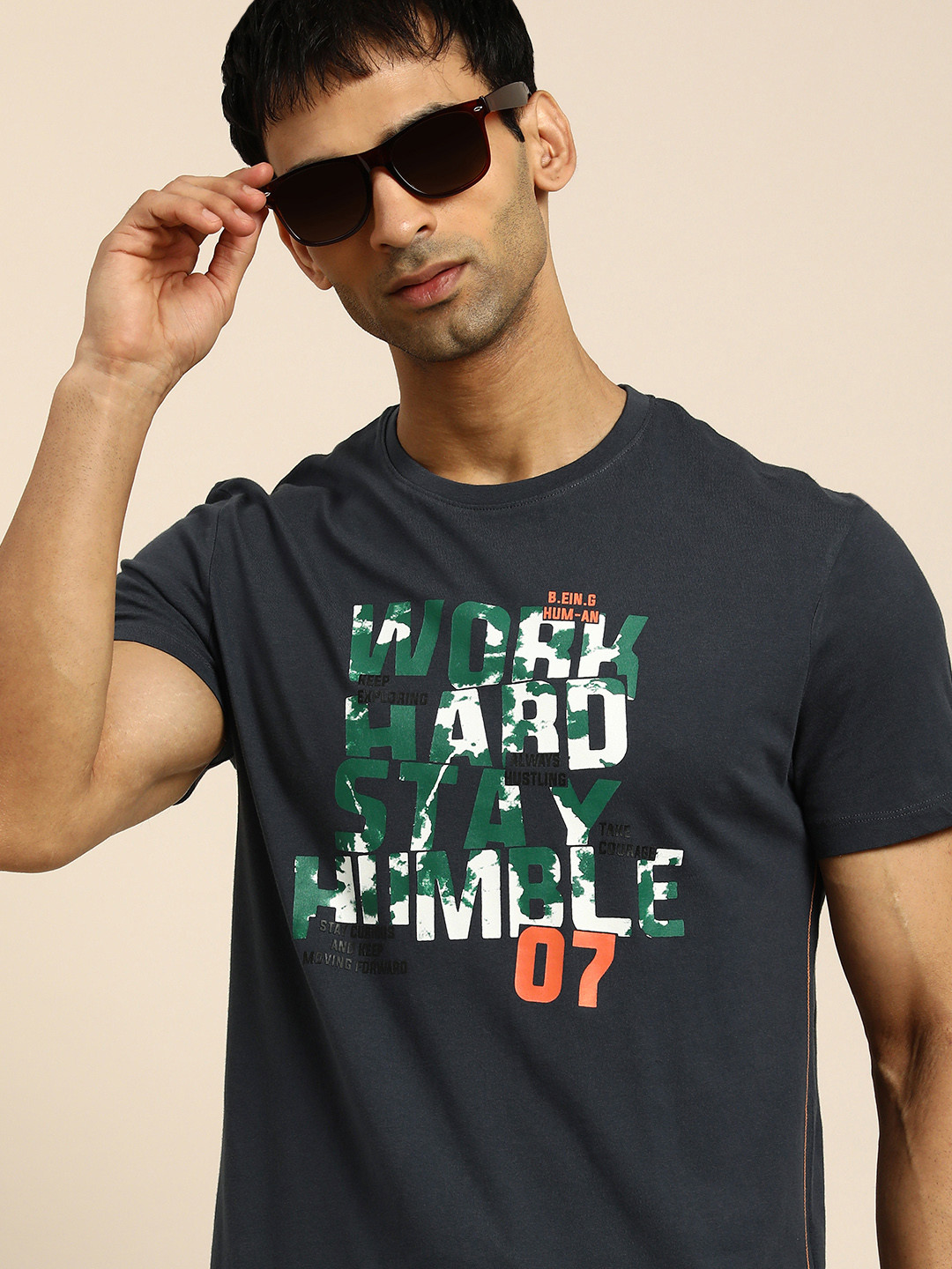Being Human Men Charcoal & Multicoloured Printed Pure Cotton Slim Fit Casual T-shirt