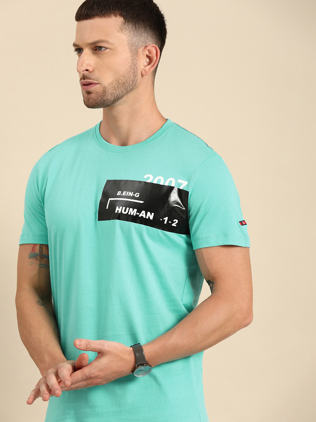 Being Human Clothing Men Sea Green Brand Logo Printed Round Neck Pure Cotton T-shirt