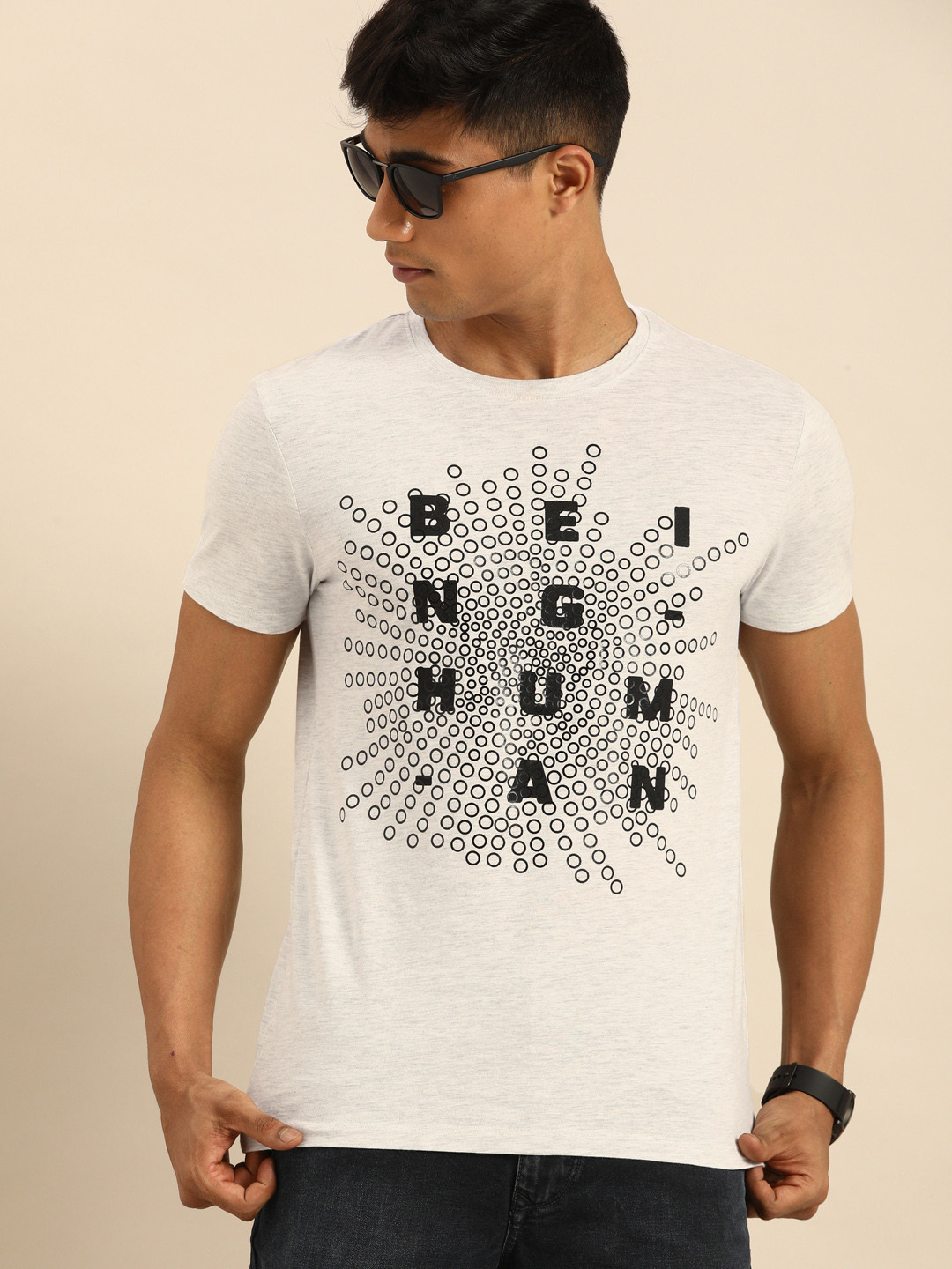 Being Human Men Grey Melange Printed Round Neck T-shirt
