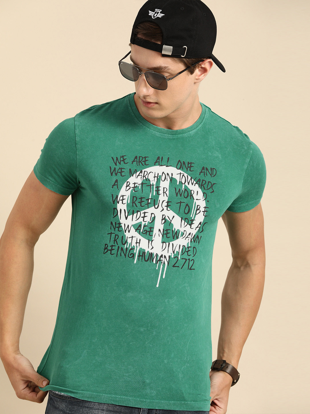 Being Human Men Green Printed Round Neck Pure Cotton T-shirt