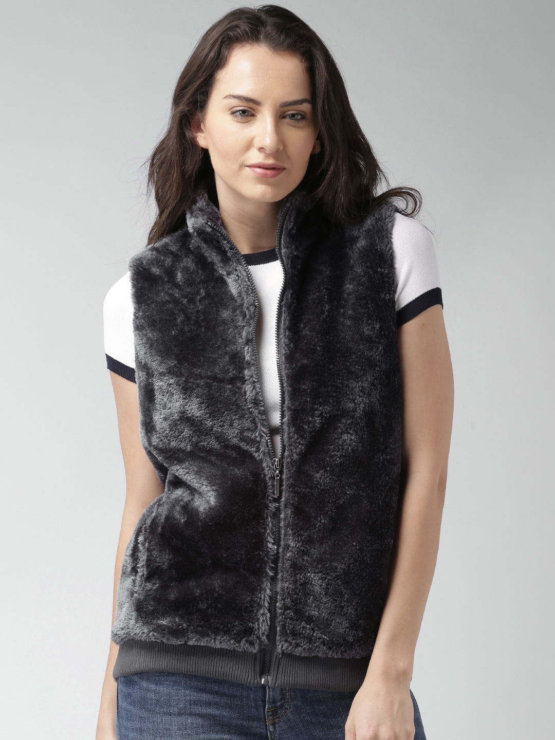 Grey fur cheap sleeveless jacket