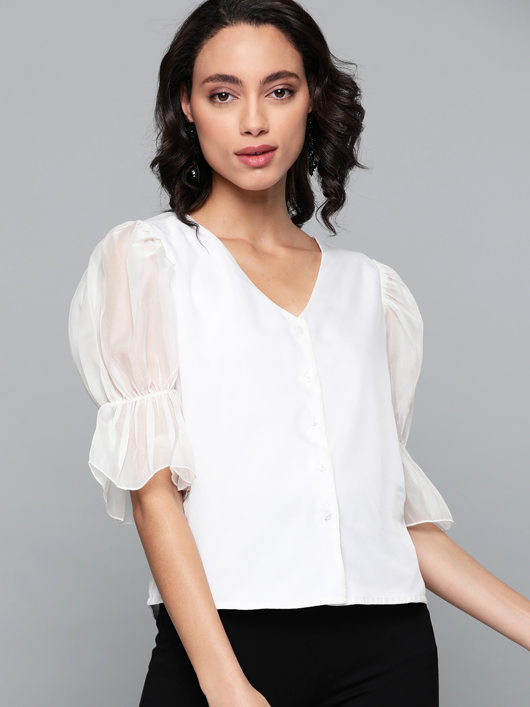SASSAFRAS White Organza Solid Puff Sleeves Front Open Top