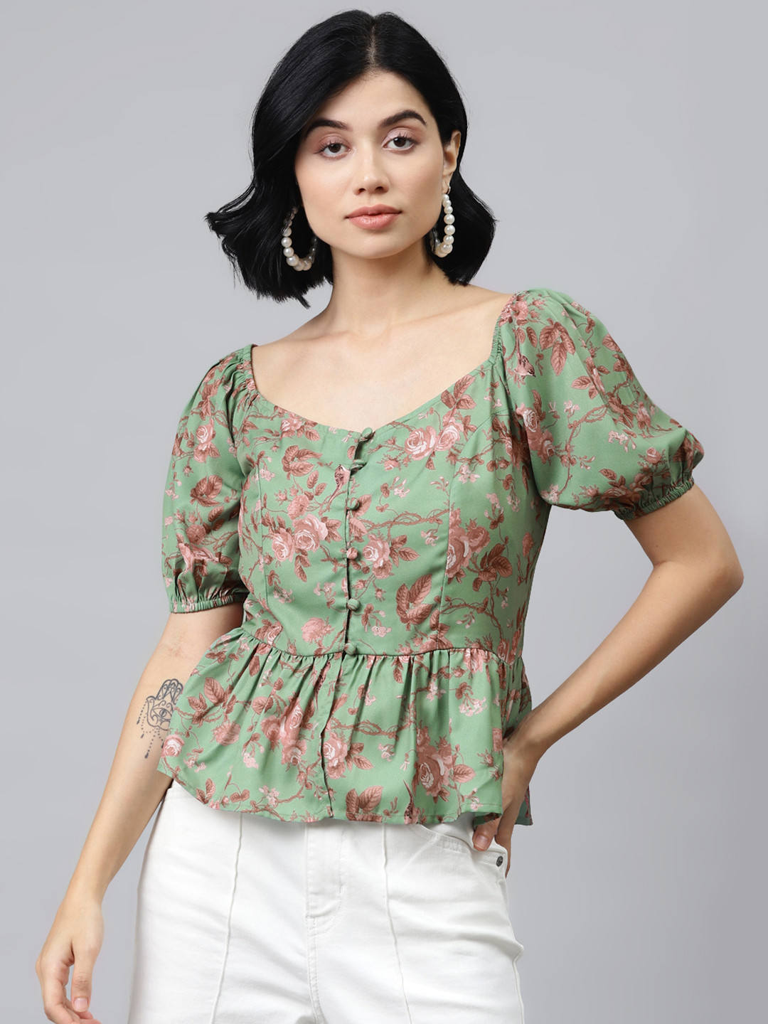 SASSAFRAS Green & Pink Floral Print Puff Sleeves A-line Top