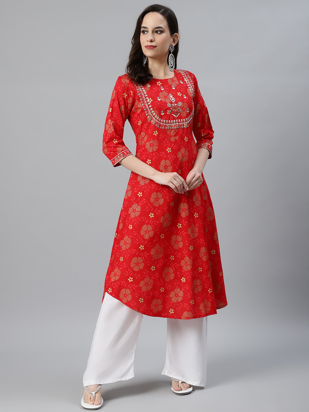 Anubhutee Women Red & Golden Ethnic Motifs Printed Thread Work Kurta