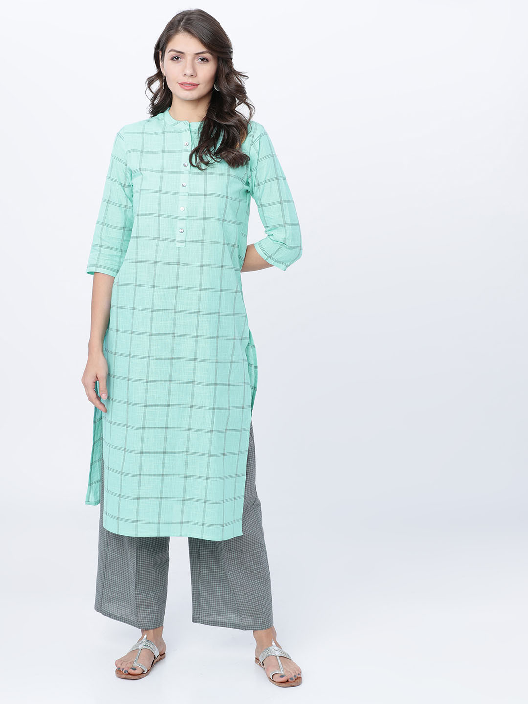 Vishudh Women Sea Green & Grey Printed Kurta with Palazzos