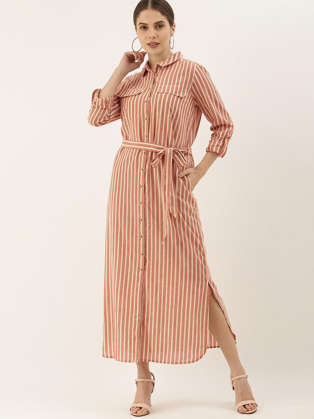 Chemistry Brown & Off White Striped Shirt Midi Dress
