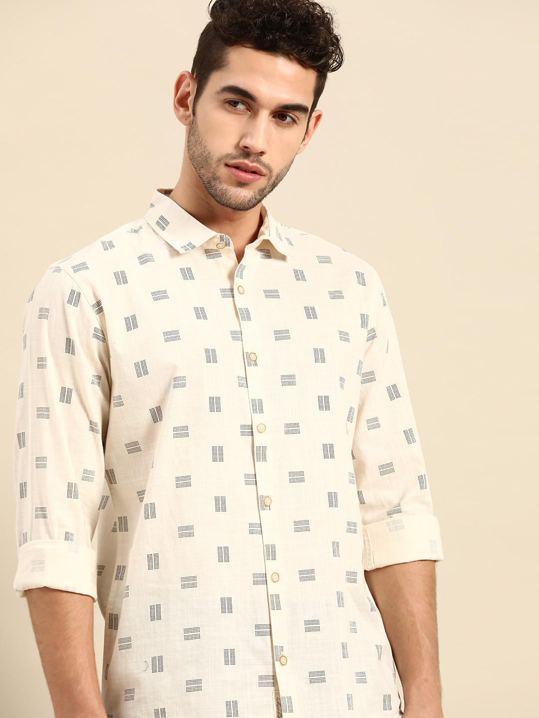 ether Kora Collection Men Off-White Printed Cotton Unbleached Casual Shirt