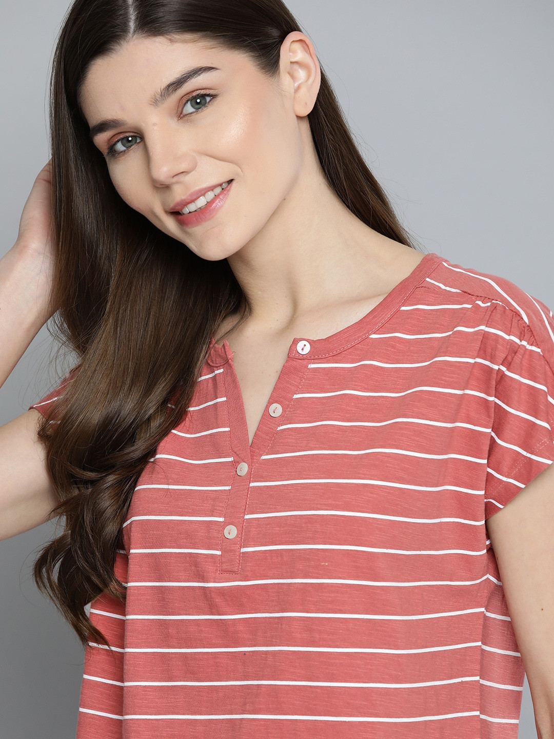 M&H Easy Women Pink & White Striped Cotton Henley Neck T-shirt
