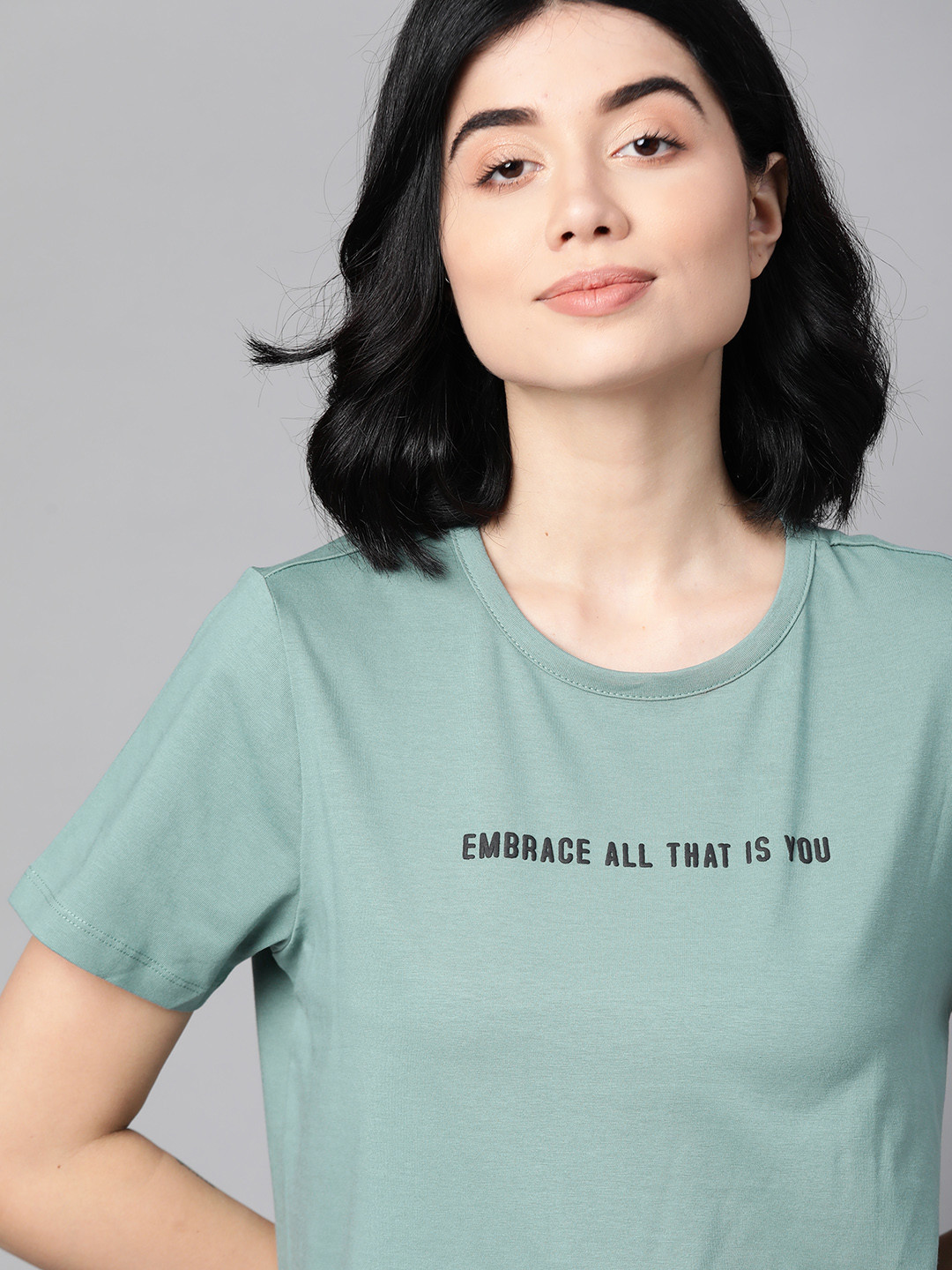 M&H Easy Women Blue & Black  Typography Printed Cropped T-shirt